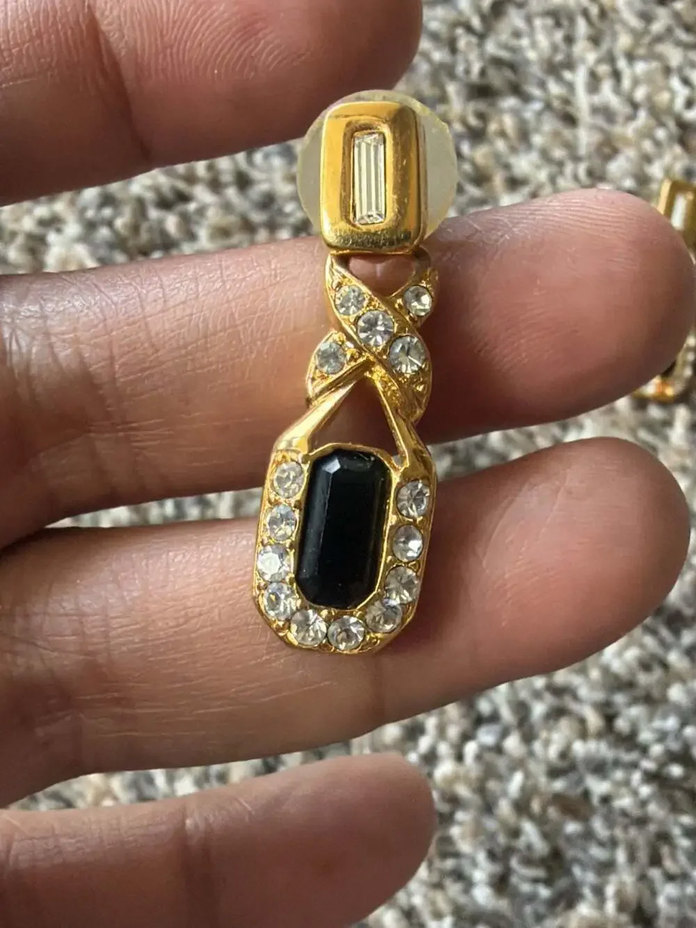 Gold-Tone Drop Earrings with Black Rectangular Stone and Clear Crystal Pave Acce